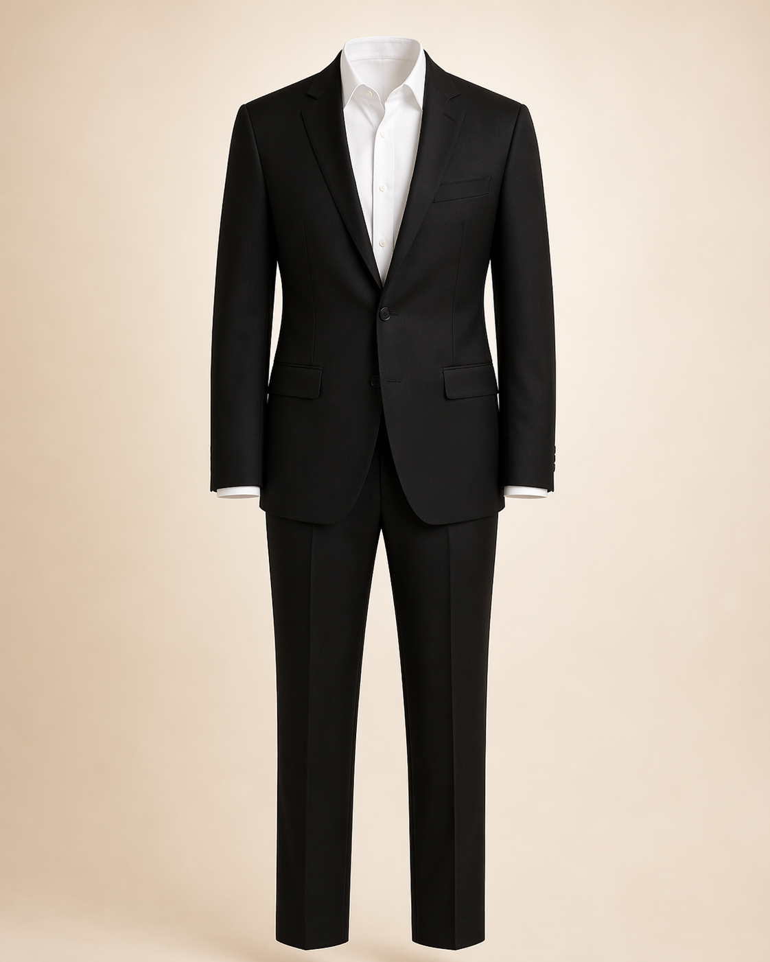 Black suit with a plain white dress shirt inspiration